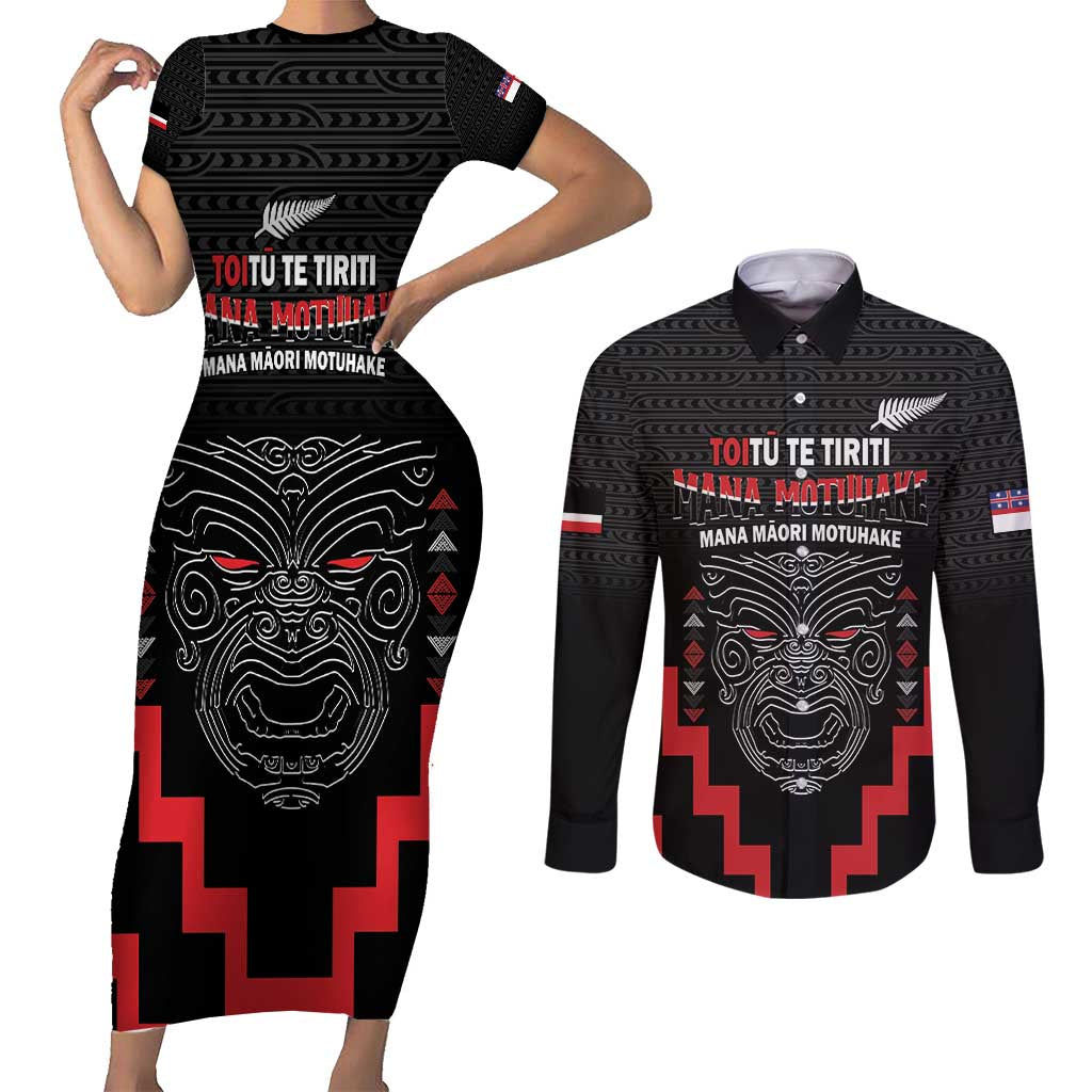 Personalised Toitu Te Tiriti Mana Maori Motuhake Couples Matching Short Sleeve Bodycon Dress and Long Sleeve Button Shirt Aotearoa Haka Face Mix Poutama Art LT14 Black - Polynesian Pride
