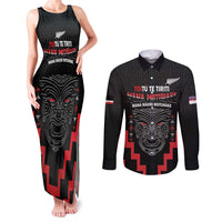 Personalised Toitu Te Tiriti Mana Maori Motuhake Couples Matching Tank Maxi Dress and Long Sleeve Button Shirt Aotearoa Haka Face Mix Poutama Art LT14 Black - Polynesian Pride
