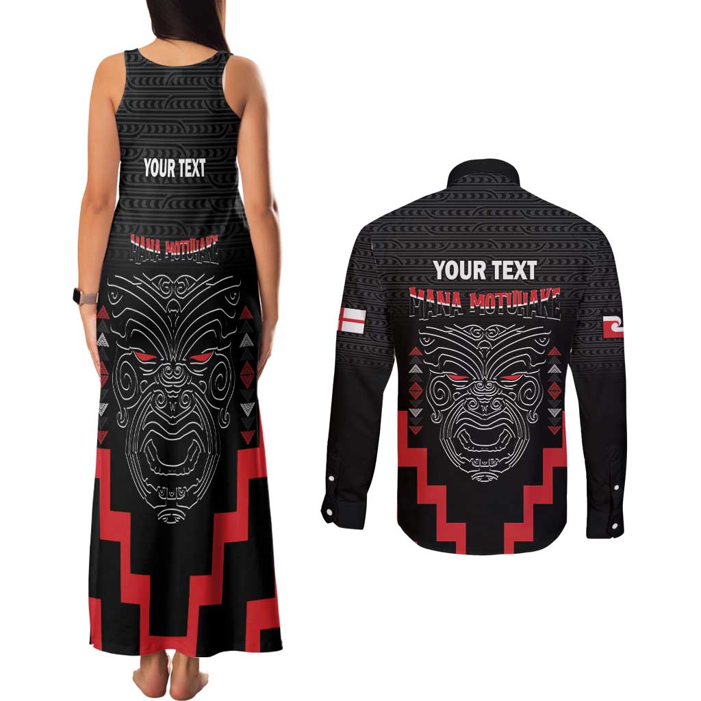 Personalised Toitu Te Tiriti Mana Maori Motuhake Couples Matching Tank Maxi Dress and Long Sleeve Button Shirt Aotearoa Haka Face Mix Poutama Art LT14 - Polynesian Pride
