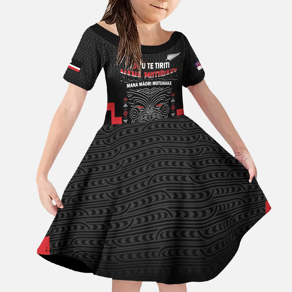 Personalised Toitu Te Tiriti Mana Maori Motuhake Family Matching Long Sleeve Bodycon Dress and Hawaiian Shirt Aotearoa Haka Face Mix Poutama Art LT14 Daughter's Dress Black - Polynesian Pride