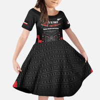 Personalised Toitu Te Tiriti Mana Maori Motuhake Family Matching Long Sleeve Bodycon Dress and Hawaiian Shirt Aotearoa Haka Face Mix Poutama Art LT14 Daughter's Dress Black - Polynesian Pride