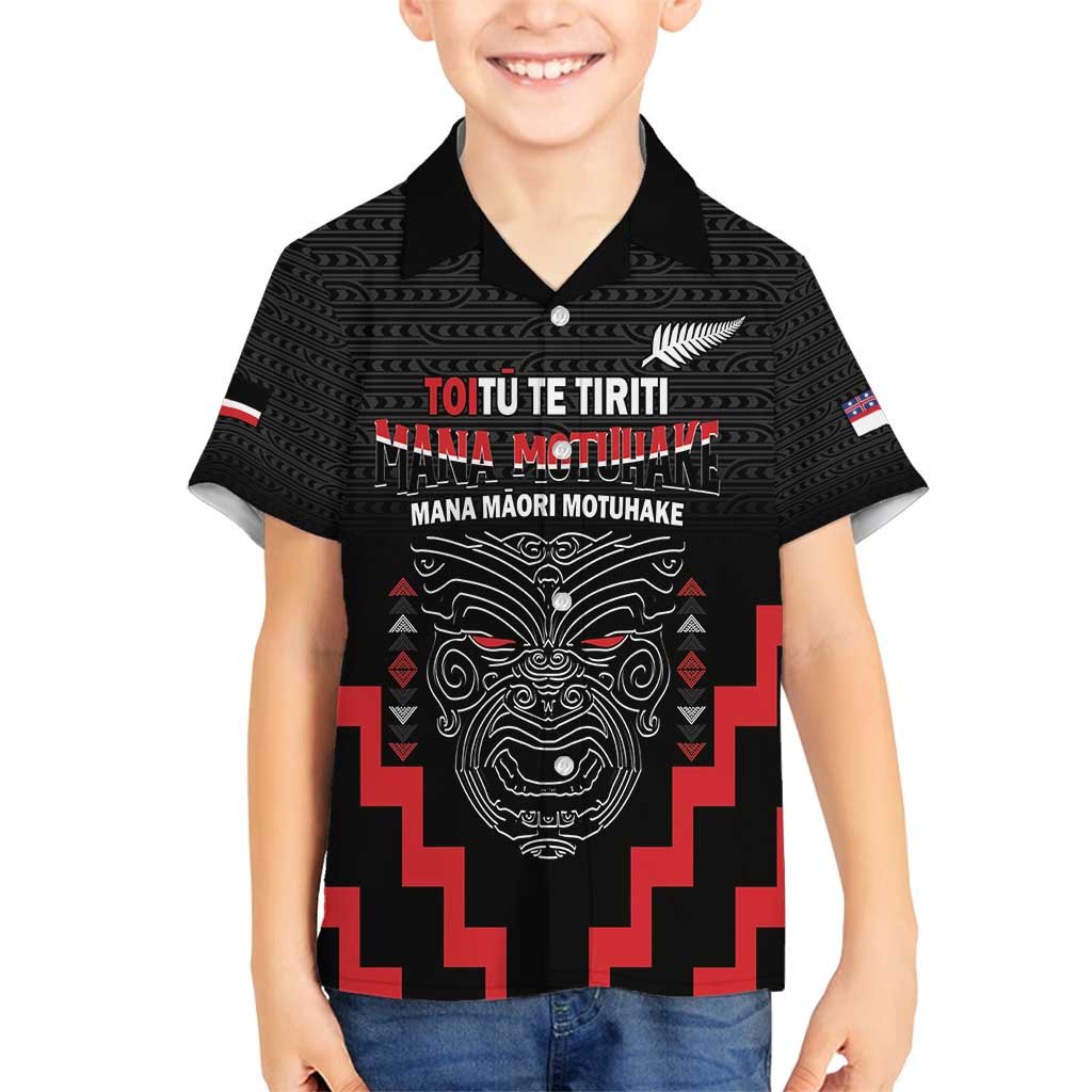 Personalised Toitu Te Tiriti Mana Maori Motuhake Family Matching Long Sleeve Bodycon Dress and Hawaiian Shirt Aotearoa Haka Face Mix Poutama Art LT14 Son's Shirt Black - Polynesian Pride