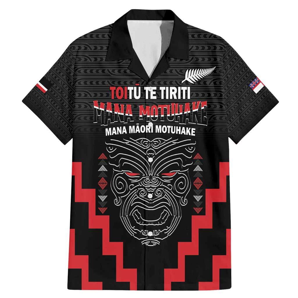 Personalised Toitu Te Tiriti Mana Maori Motuhake Family Matching Mermaid Dress and Hawaiian Shirt Aotearoa Haka Face Mix Poutama Art LT14 Dad's Shirt - Short Sleeve Black - Polynesian Pride