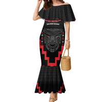 Personalised Toitu Te Tiriti Mana Maori Motuhake Family Matching Mermaid Dress and Hawaiian Shirt Aotearoa Haka Face Mix Poutama Art LT14 Mom's Dress Black - Polynesian Pride