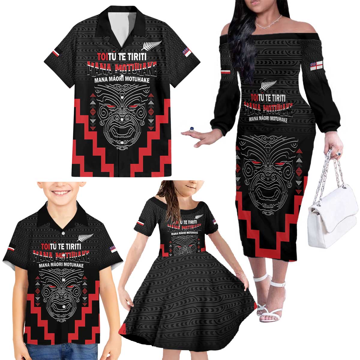 Personalised Toitu Te Tiriti Mana Maori Motuhake Family Matching Off The Shoulder Long Sleeve Dress and Hawaiian Shirt Aotearoa Haka Face Mix Poutama Art LT14 - Polynesian Pride