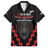 Personalised Toitu Te Tiriti Mana Maori Motuhake Family Matching Off The Shoulder Long Sleeve Dress and Hawaiian Shirt Aotearoa Haka Face Mix Poutama Art LT14 Dad's Shirt - Short Sleeve Black - Polynesian Pride