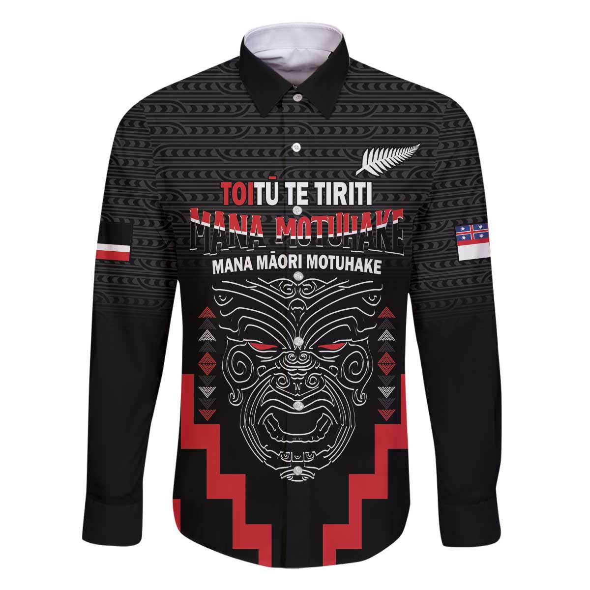 Personalised Toitu Te Tiriti Mana Maori Motuhake Family Matching Off The Shoulder Long Sleeve Dress and Hawaiian Shirt Aotearoa Haka Face Mix Poutama Art LT14 Dad's Shirt - Long Sleeve Black - Polynesian Pride