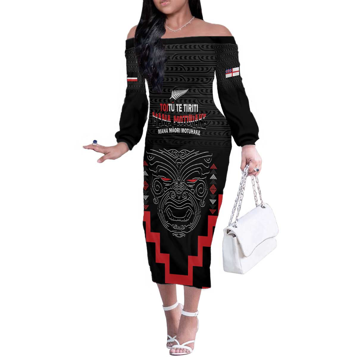 Personalised Toitu Te Tiriti Mana Maori Motuhake Family Matching Off The Shoulder Long Sleeve Dress and Hawaiian Shirt Aotearoa Haka Face Mix Poutama Art LT14 Mom's Dress Black - Polynesian Pride