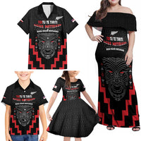 Personalised Toitu Te Tiriti Mana Maori Motuhake Family Matching Off Shoulder Maxi Dress and Hawaiian Shirt Aotearoa Haka Face Mix Poutama Art LT14 - Polynesian Pride