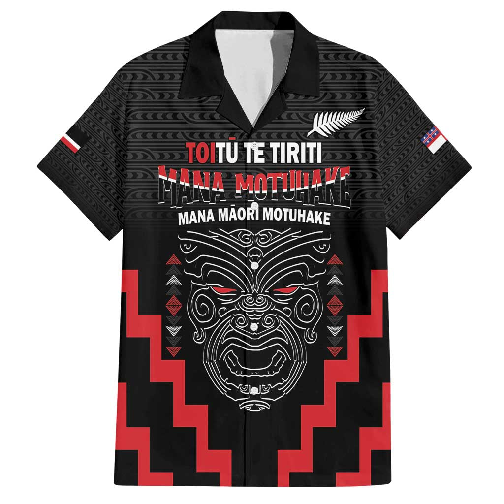 Personalised Toitu Te Tiriti Mana Maori Motuhake Family Matching Off Shoulder Maxi Dress and Hawaiian Shirt Aotearoa Haka Face Mix Poutama Art LT14 Dad's Shirt - Short Sleeve Black - Polynesian Pride