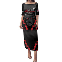 Personalised Toitu Te Tiriti Mana Maori Motuhake Family Matching Puletasi and Hawaiian Shirt Aotearoa Haka Face Mix Poutama Art LT14 Mom's Dress Black - Polynesian Pride