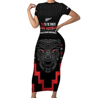 Personalised Toitu Te Tiriti Mana Maori Motuhake Family Matching Short Sleeve Bodycon Dress and Hawaiian Shirt Aotearoa Haka Face Mix Poutama Art LT14 Mom's Dress Black - Polynesian Pride
