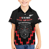 Personalised Toitu Te Tiriti Mana Maori Motuhake Family Matching Short Sleeve Bodycon Dress and Hawaiian Shirt Aotearoa Haka Face Mix Poutama Art LT14 Son's Shirt Black - Polynesian Pride