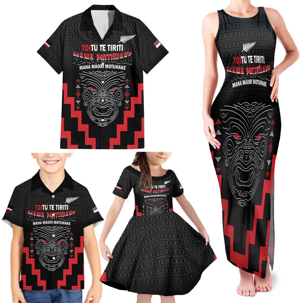 Personalised Toitu Te Tiriti Mana Maori Motuhake Family Matching Tank Maxi Dress and Hawaiian Shirt Aotearoa Haka Face Mix Poutama Art LT14 - Polynesian Pride