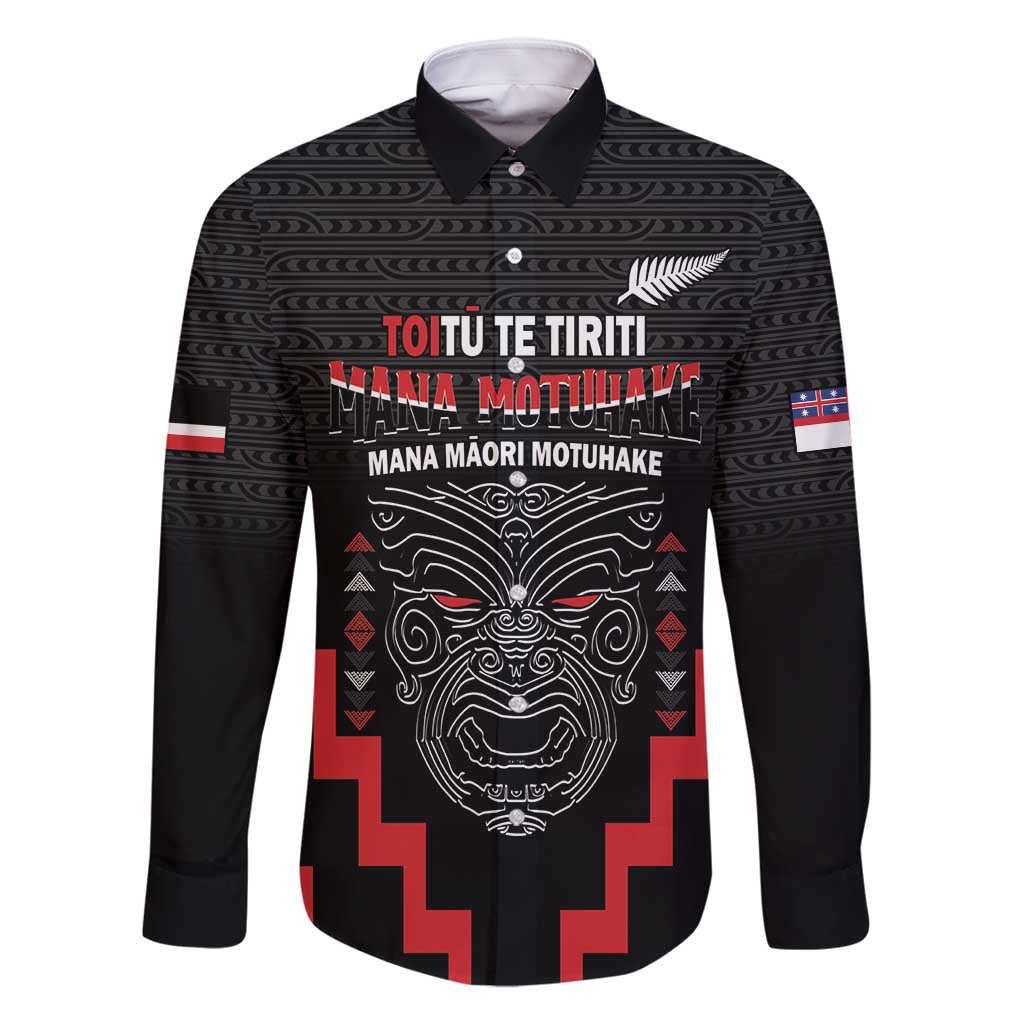 Personalised Toitu Te Tiriti Mana Maori Motuhake Family Matching Tank Maxi Dress and Hawaiian Shirt Aotearoa Haka Face Mix Poutama Art LT14 Dad's Shirt - Long Sleeve Black - Polynesian Pride