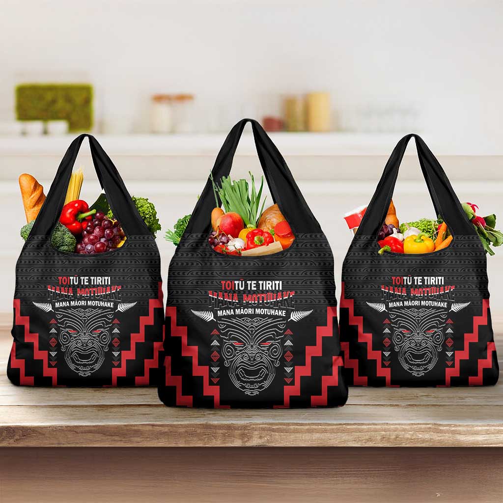 Toitu Te Tiriti Mana Maori Motuhake Grocery Bag Aotearoa Haka Face Mix Poutama Art LT14 3-pack One Size Black - Polynesian Pride