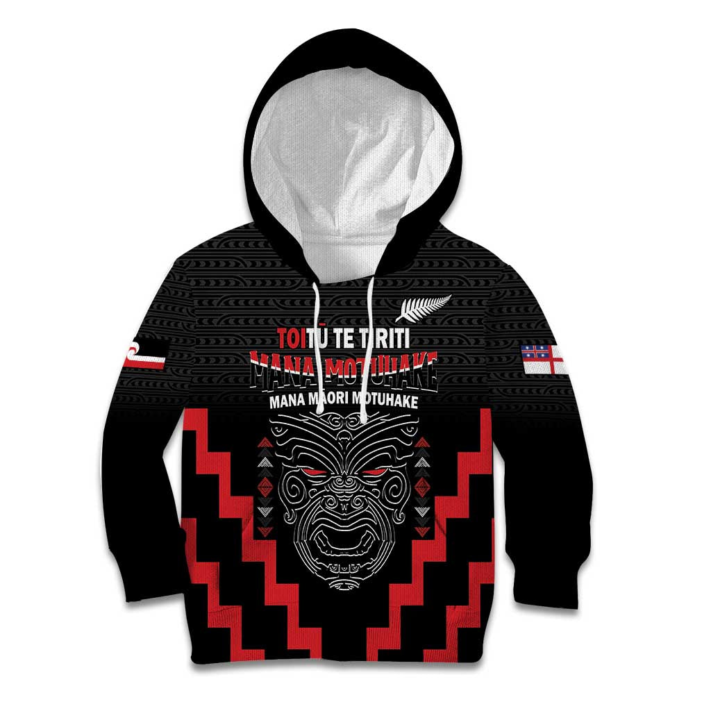 Personalised Toitu Te Tiriti Mana Maori Motuhake Kid Hoodie Aotearoa Haka Face Mix Poutama Art LT14 Hoodie Black - Polynesian Pride
