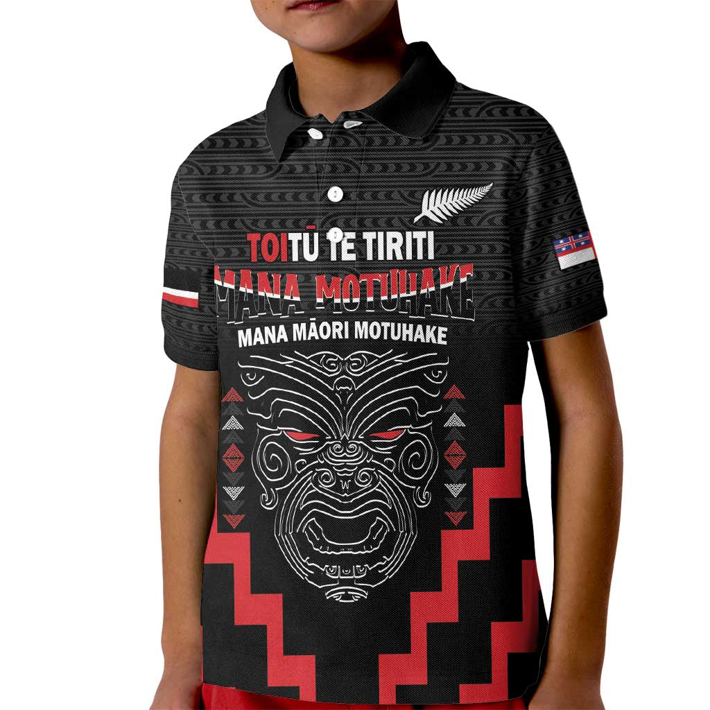 Personalised Toitu Te Tiriti Mana Maori Motuhake Kid Polo Shirt Aotearoa Haka Face Mix Poutama Art LT14 Kid Black - Polynesian Pride