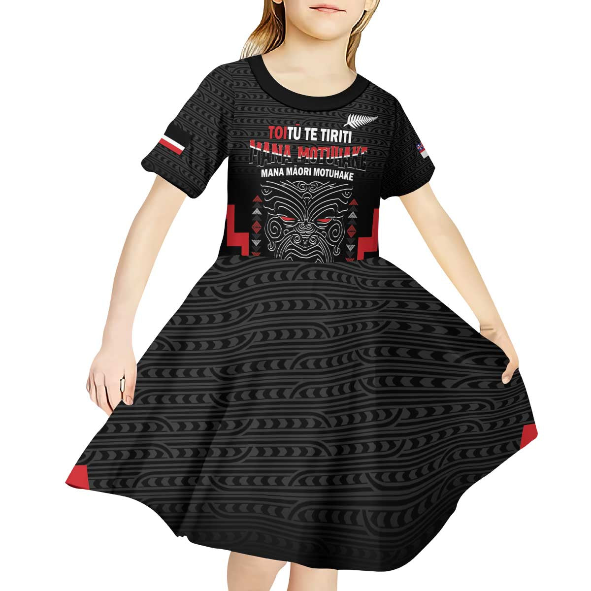 Personalised Toitu Te Tiriti Mana Maori Motuhake Kid Short Sleeve Dress Aotearoa Haka Face Mix Poutama Art LT14 - Polynesian Pride