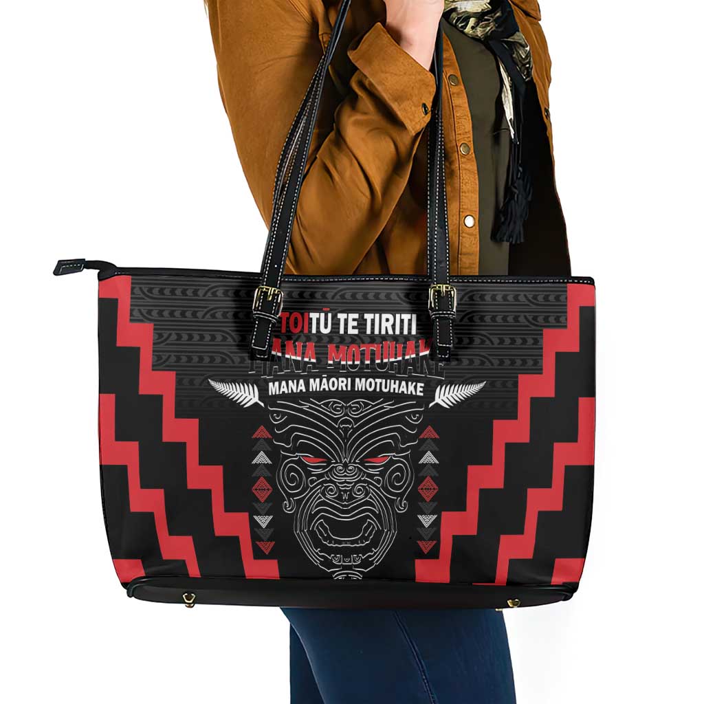 Personalised Toitu Te Tiriti Mana Maori Motuhake Leather Tote Bag Aotearoa Haka Face Mix Poutama Art LT14 - Polynesian Pride