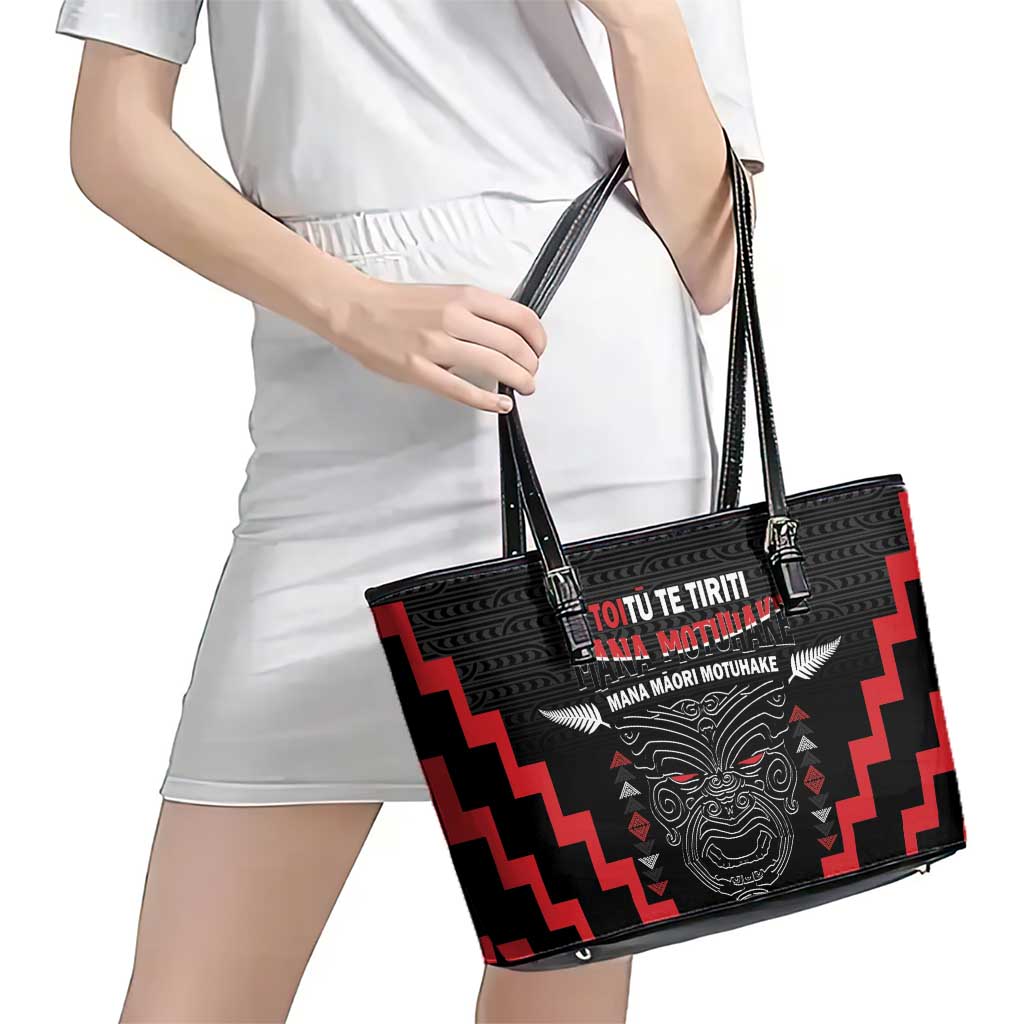 Personalised Toitu Te Tiriti Mana Maori Motuhake Leather Tote Bag Aotearoa Haka Face Mix Poutama Art LT14 - Polynesian Pride