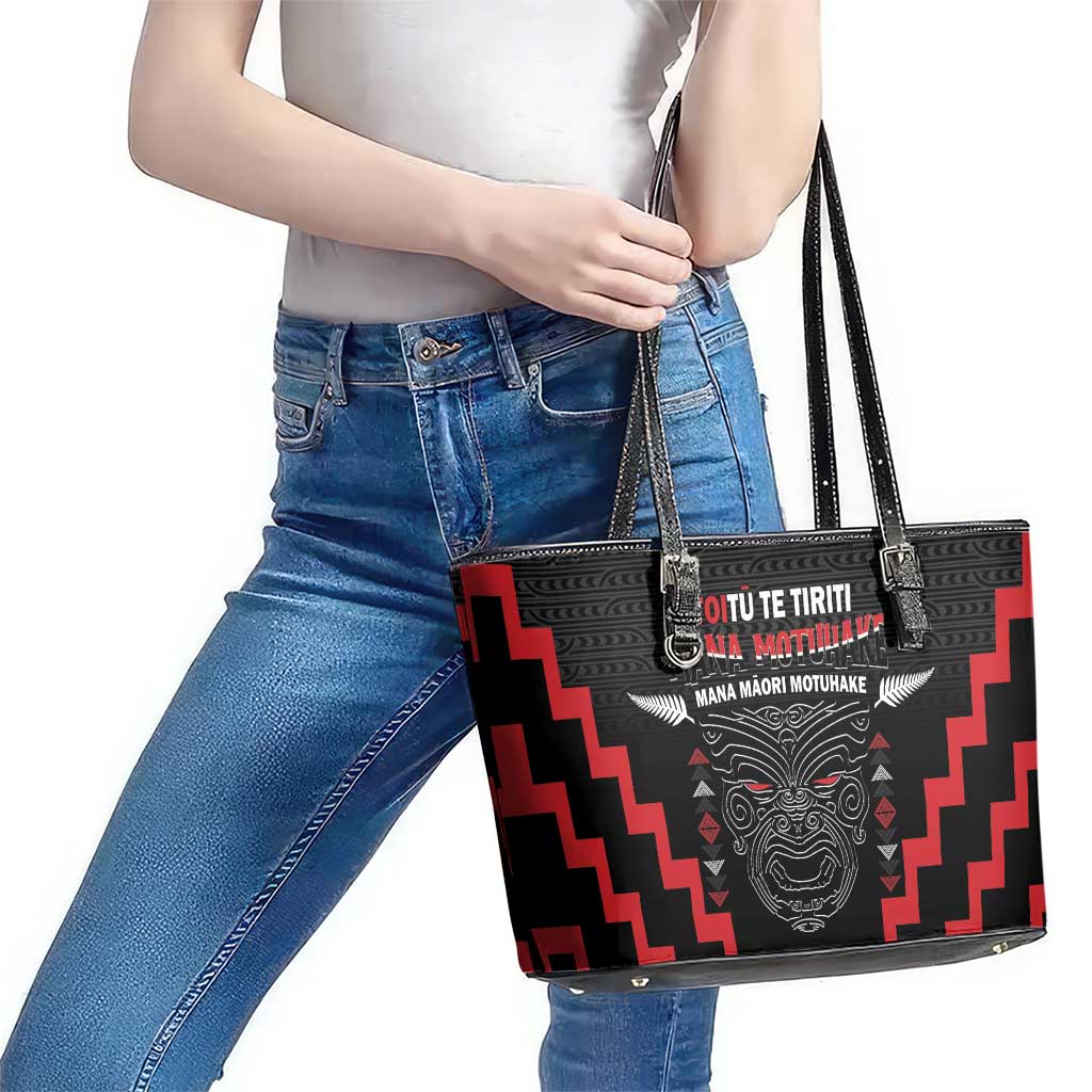 Personalised Toitu Te Tiriti Mana Maori Motuhake Leather Tote Bag Aotearoa Haka Face Mix Poutama Art LT14 - Polynesian Pride
