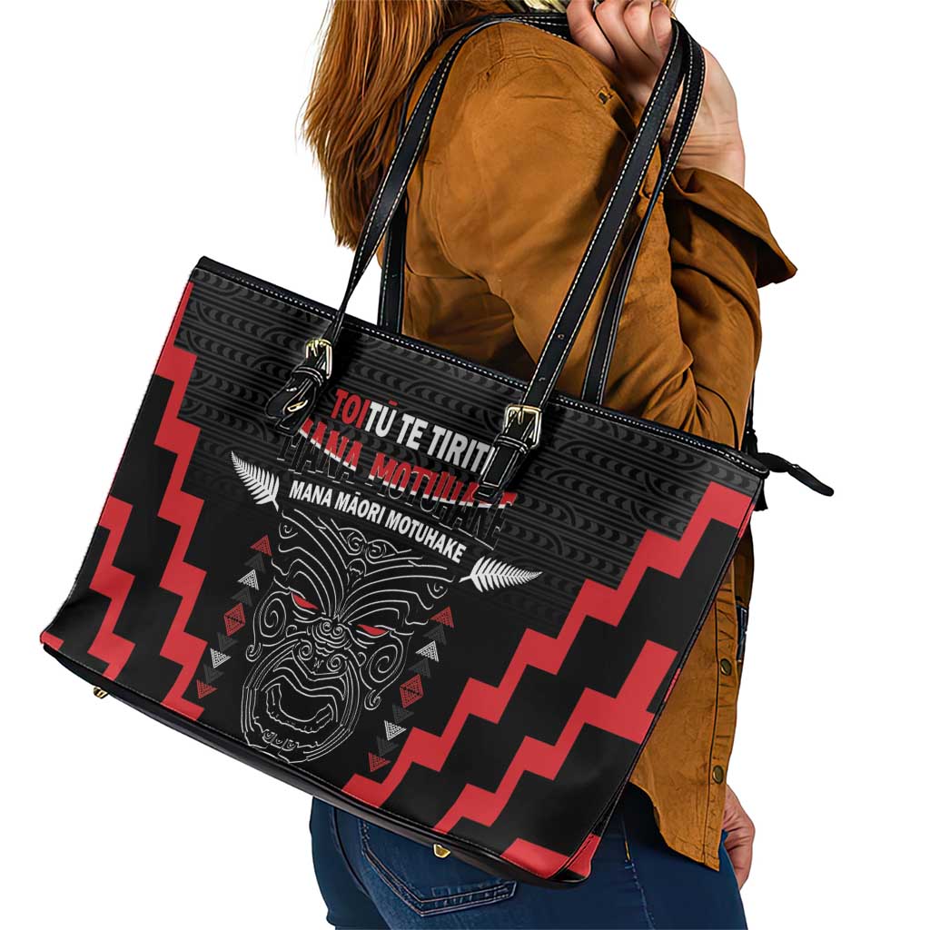 Personalised Toitu Te Tiriti Mana Maori Motuhake Leather Tote Bag Aotearoa Haka Face Mix Poutama Art LT14 - Polynesian Pride