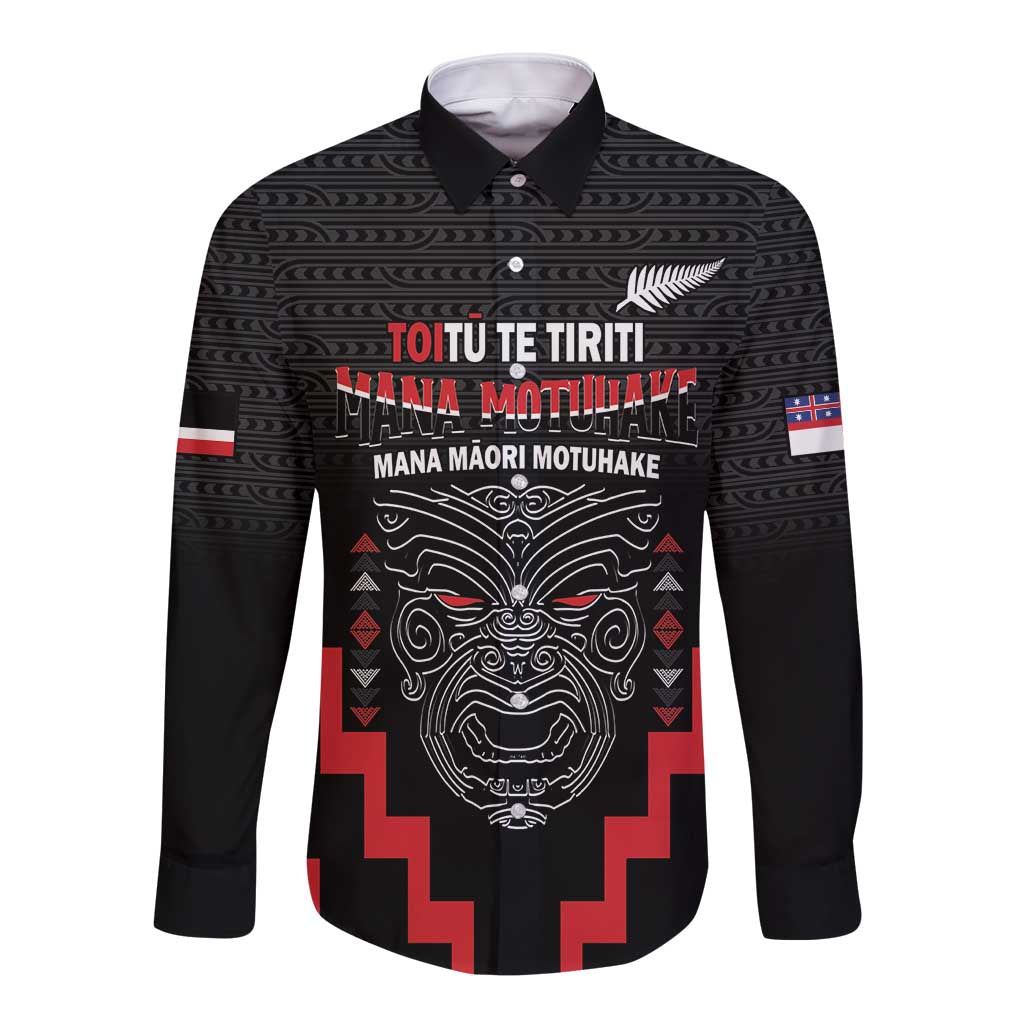 Personalised Toitu Te Tiriti Mana Maori Motuhake Long Sleeve Button Shirt Aotearoa Haka Face Mix Poutama Art LT14 Unisex Black - Polynesian Pride