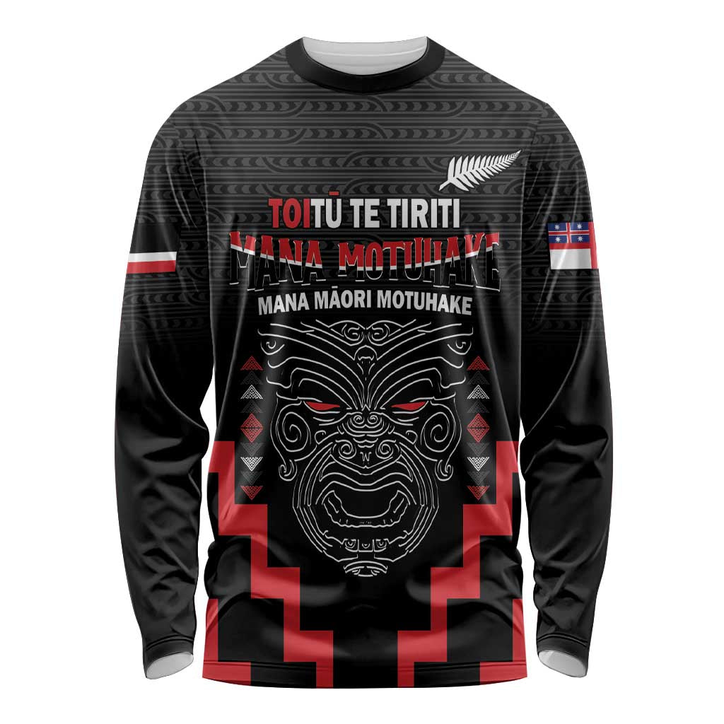 Personalised Toitu Te Tiriti Mana Maori Motuhake Long Sleeve Shirt Aotearoa Haka Face Mix Poutama Art LT14 Unisex Black - Polynesian Pride