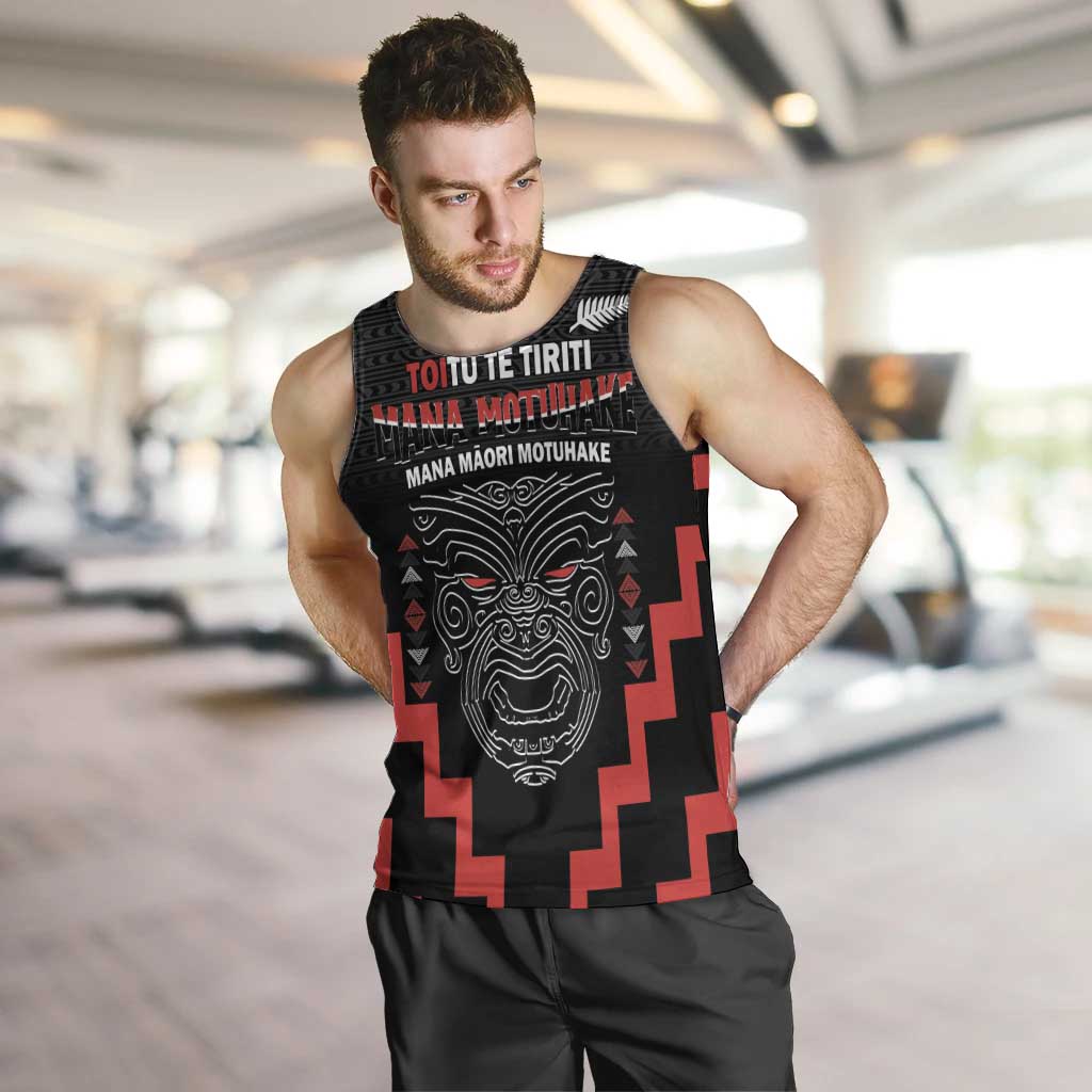 Personalised Toitu Te Tiriti Mana Maori Motuhake Men Tank Top Aotearoa Haka Face Mix Poutama Art LT14 Black - Polynesian Pride