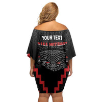 Personalised Toitu Te Tiriti Mana Maori Motuhake Off Shoulder Short Dress Aotearoa Haka Face Mix Poutama Art LT14 - Polynesian Pride
