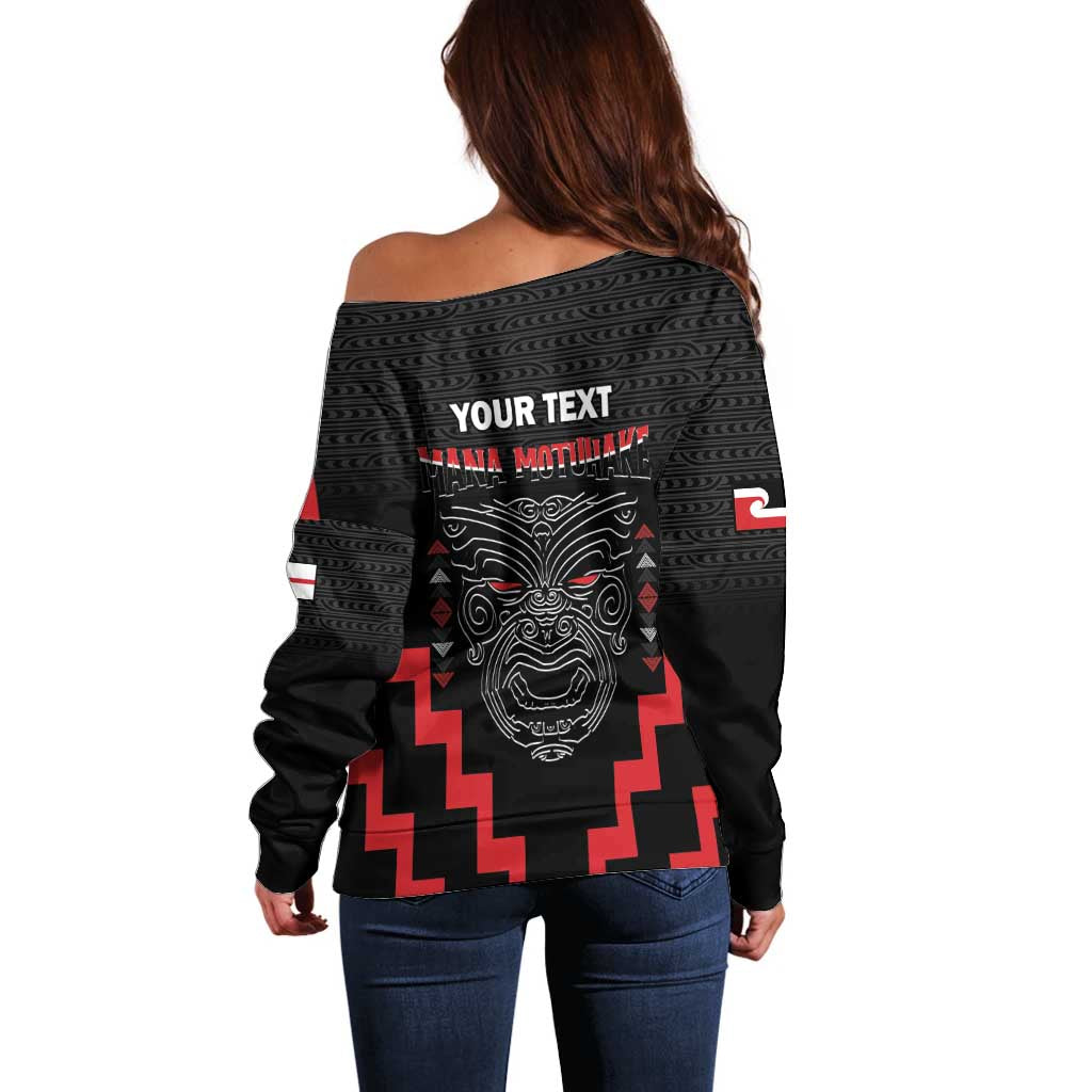Personalised Toitu Te Tiriti Mana Maori Motuhake Off Shoulder Sweater Aotearoa Haka Face Mix Poutama Art LT14 - Polynesian Pride