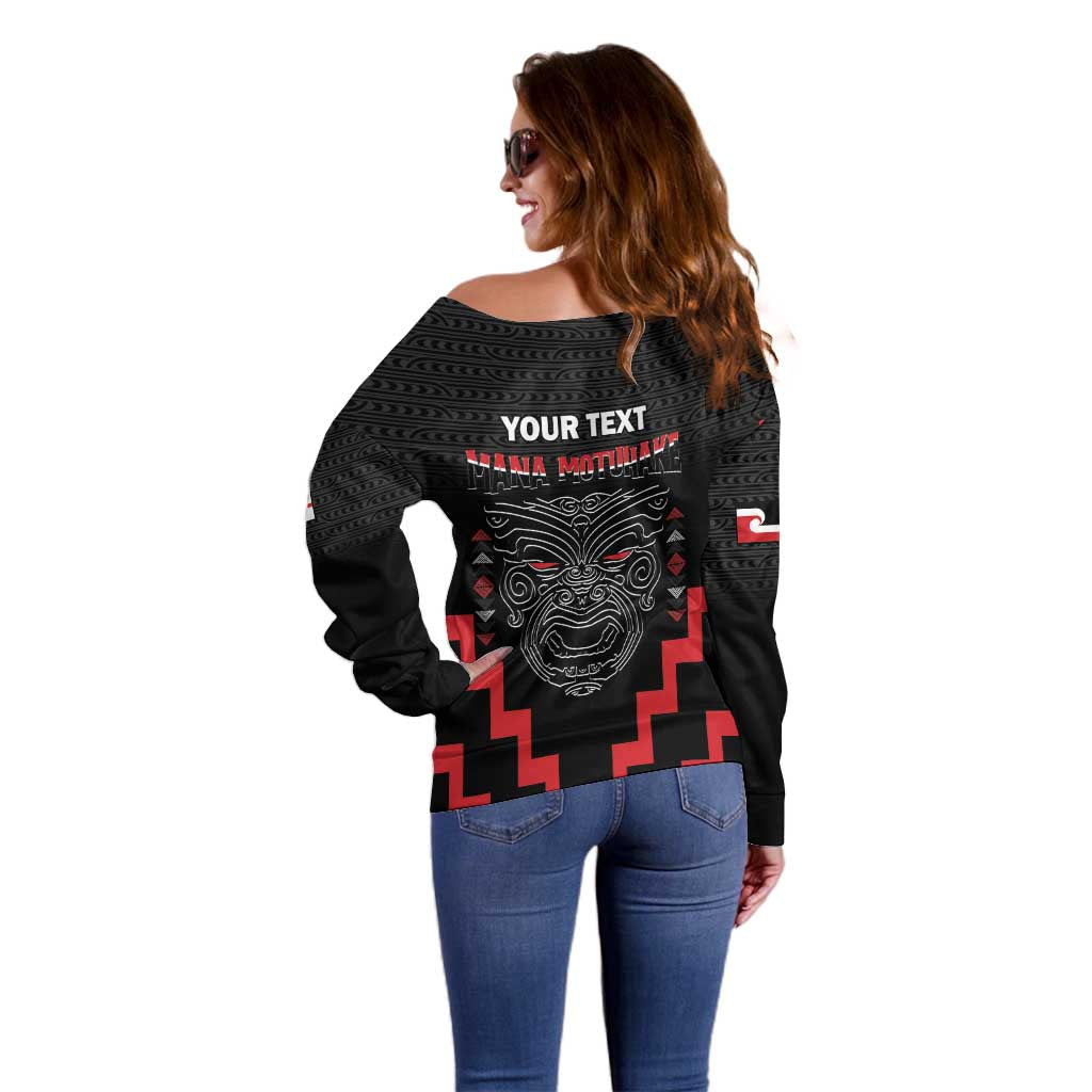 Personalised Toitu Te Tiriti Mana Maori Motuhake Off Shoulder Sweater Aotearoa Haka Face Mix Poutama Art LT14 - Polynesian Pride