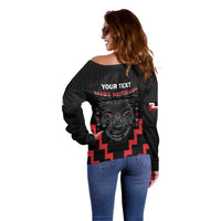 Personalised Toitu Te Tiriti Mana Maori Motuhake Off Shoulder Sweater Aotearoa Haka Face Mix Poutama Art LT14 - Polynesian Pride