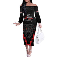 Personalised Toitu Te Tiriti Mana Maori Motuhake Off The Shoulder Long Sleeve Dress Aotearoa Haka Face Mix Poutama Art LT14 Women Black - Polynesian Pride