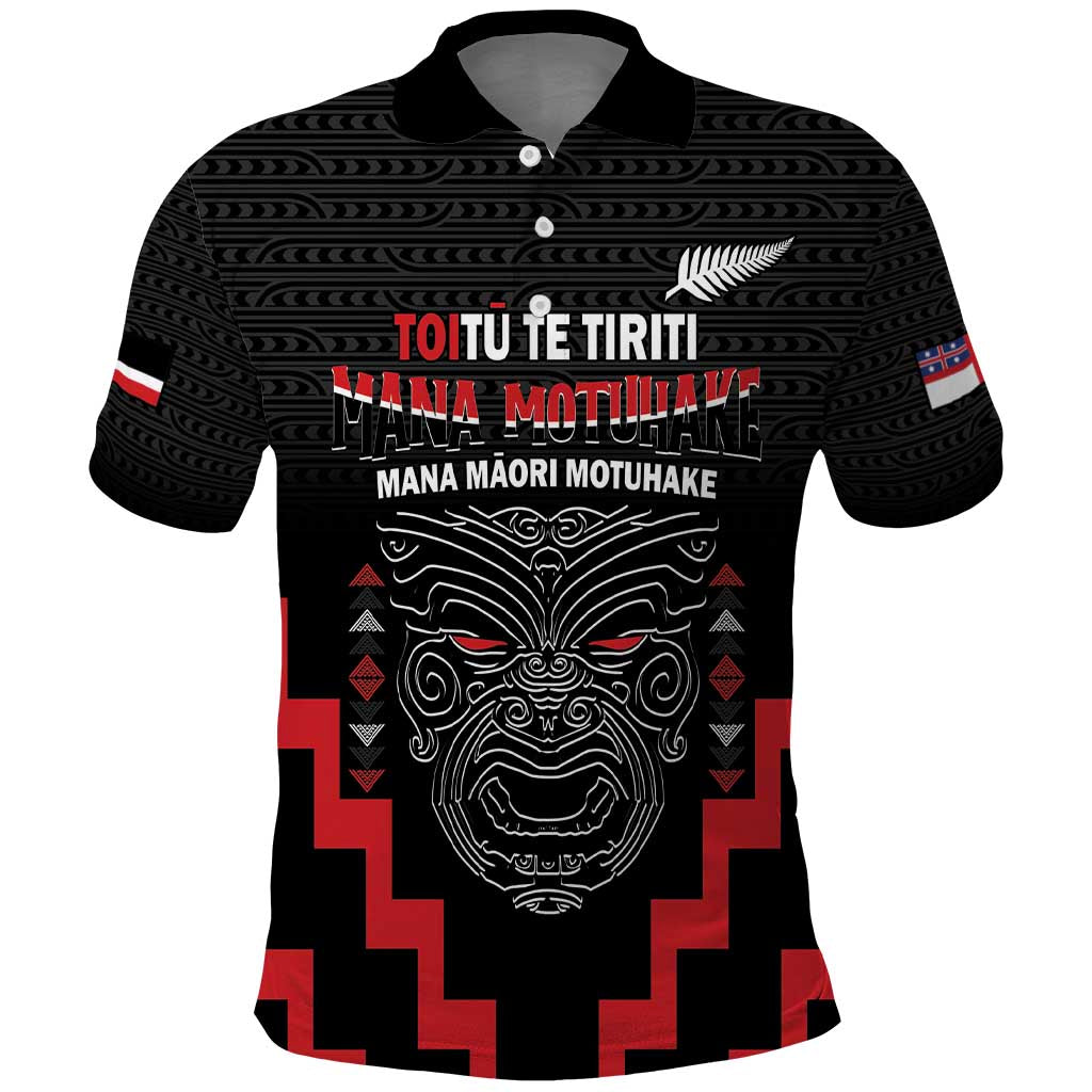 Personalised Toitu Te Tiriti Mana Maori Motuhake Polo Shirt Aotearoa Haka Face Mix Poutama Art LT14 Black - Polynesian Pride