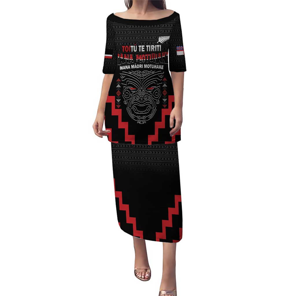 Personalised Toitu Te Tiriti Mana Maori Motuhake Puletasi Aotearoa Haka Face Mix Poutama Art LT14 Long Dress Black - Polynesian Pride