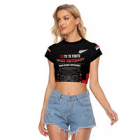 Personalised Toitu Te Tiriti Mana Maori Motuhake Raglan Cropped T Shirt Aotearoa Haka Face Mix Poutama Art LT14 Female Black - Polynesian Pride