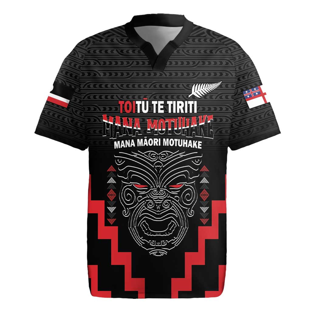 Personalised Toitu Te Tiriti Mana Maori Motuhake Rugby Jersey Aotearoa Haka Face Mix Poutama Art LT14 Black - Polynesian Pride