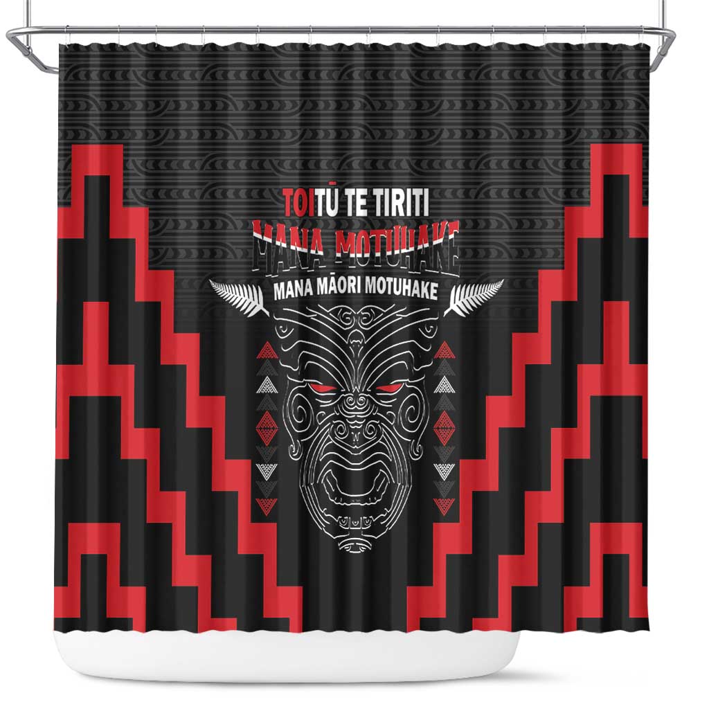 Personalised Toitu Te Tiriti Mana Maori Motuhake Shower Curtain Aotearoa Haka Face Mix Poutama Art LT14 Black - Polynesian Pride