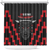 Personalised Toitu Te Tiriti Mana Maori Motuhake Shower Curtain Aotearoa Haka Face Mix Poutama Art LT14 Black - Polynesian Pride