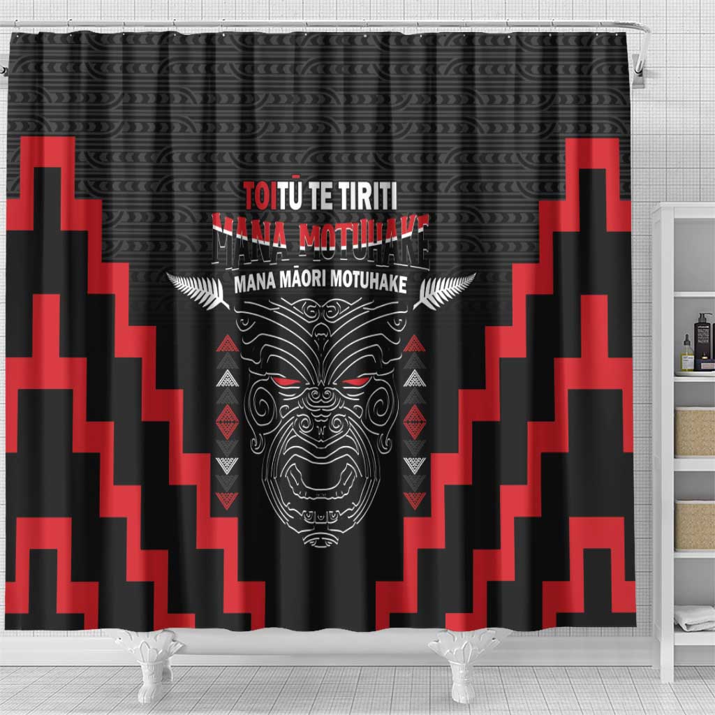 Personalised Toitu Te Tiriti Mana Maori Motuhake Shower Curtain Aotearoa Haka Face Mix Poutama Art LT14 - Polynesian Pride
