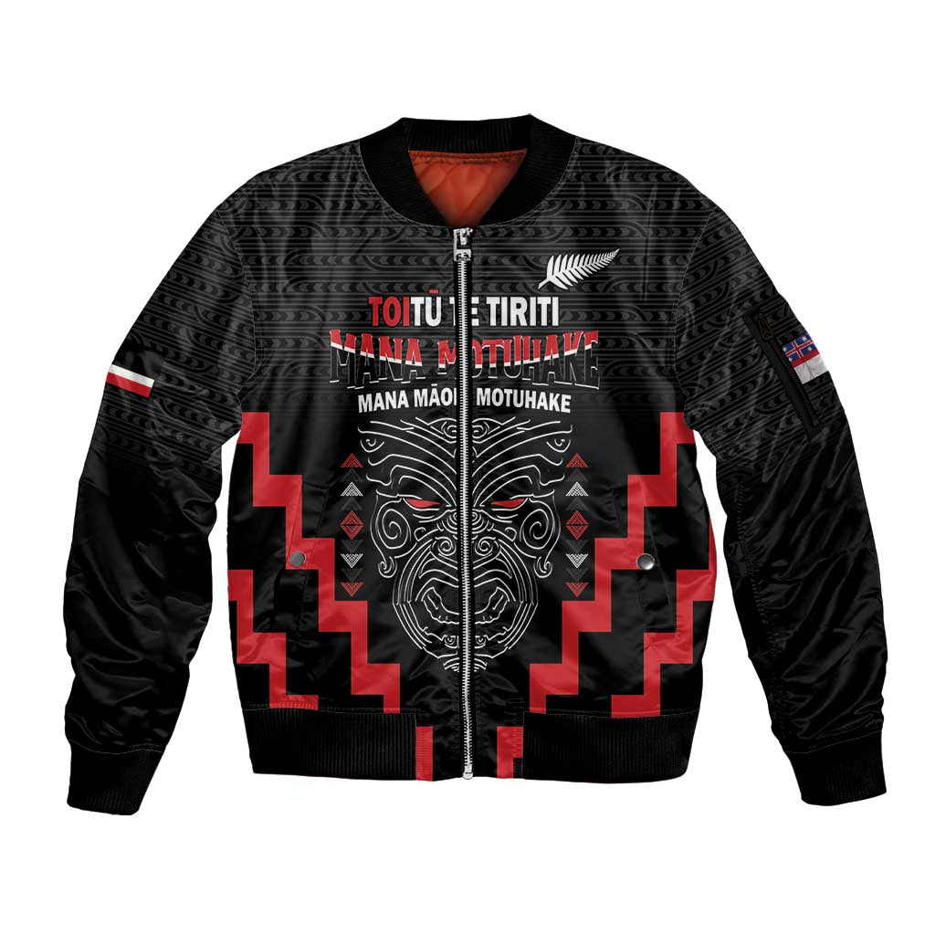 Personalised Toitu Te Tiriti Mana Maori Motuhake Sleeve Zip Bomber Jacket Aotearoa Haka Face Mix Poutama Art LT14 Unisex Black - Polynesian Pride