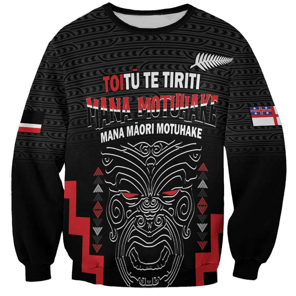 Personalised Toitu Te Tiriti Mana Maori Motuhake Sweatshirt Aotearoa Haka Face Mix Poutama Art LT14 Unisex Black - Polynesian Pride
