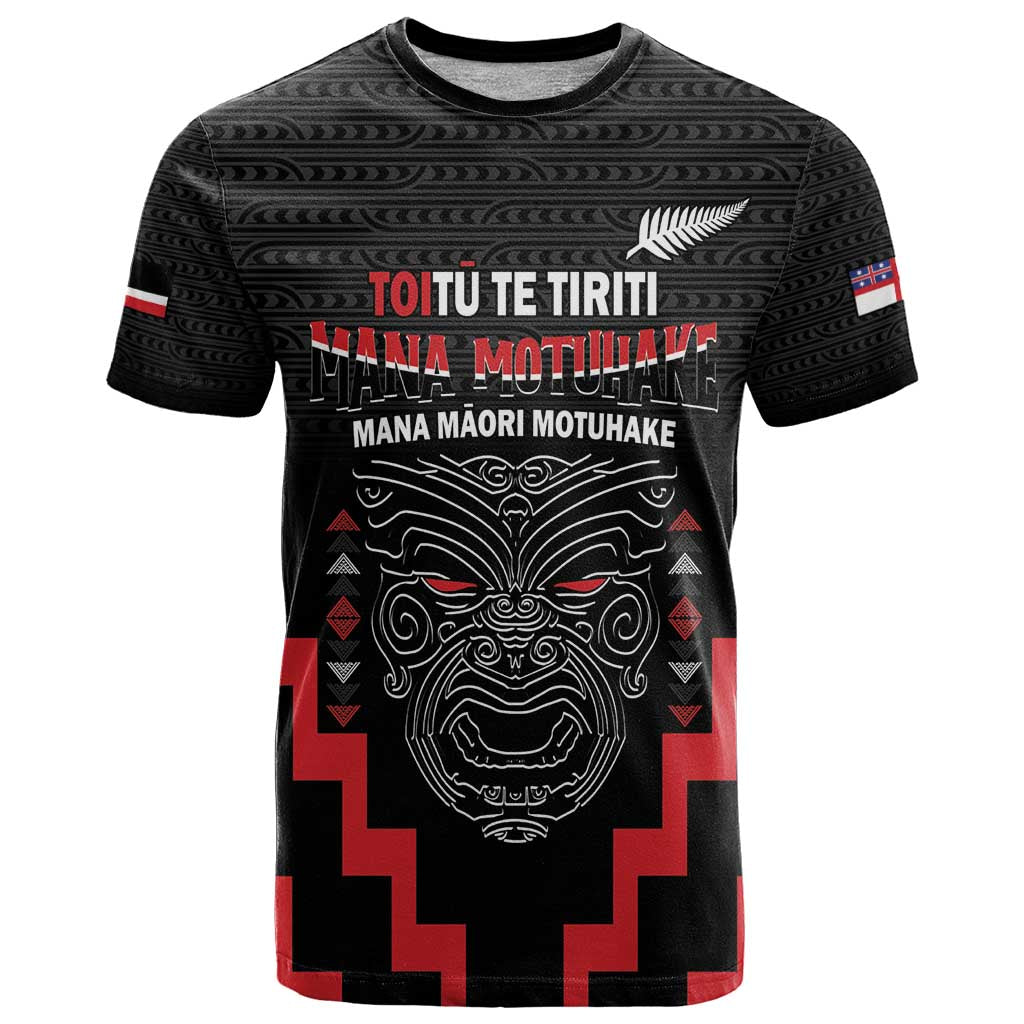 Personalised Toitu Te Tiriti Mana Maori Motuhake T Shirt Aotearoa Haka Face Mix Poutama Art LT14 Black - Polynesian Pride