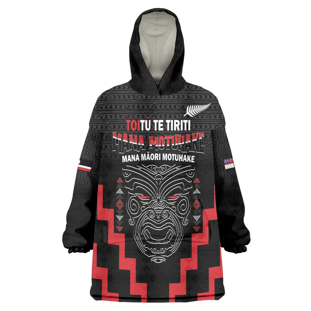 Personalised Toitu Te Tiriti Mana Maori Motuhake Wearable Blanket Hoodie Aotearoa Haka Face Mix Poutama Art LT14 One Size Black - Polynesian Pride