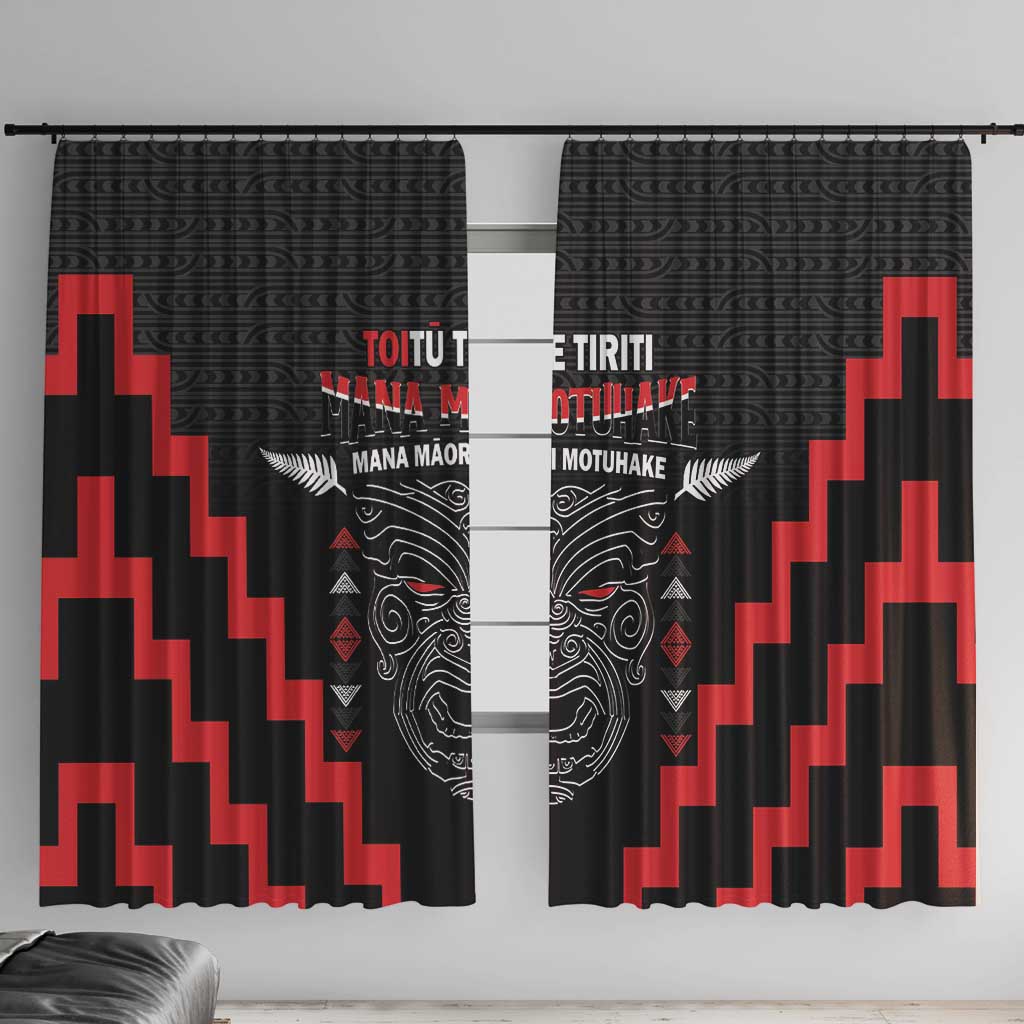 Personalised Toitu Te Tiriti Mana Maori Motuhake Window Curtain Aotearoa Haka Face Mix Poutama Art LT14 With Hooks Black - Polynesian Pride