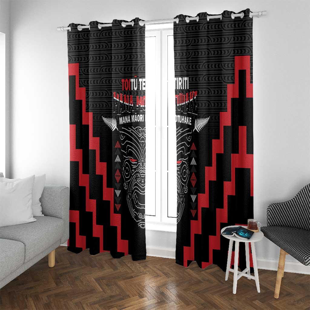 Personalised Toitu Te Tiriti Mana Maori Motuhake Window Curtain Aotearoa Haka Face Mix Poutama Art LT14 With Grommets Black - Polynesian Pride