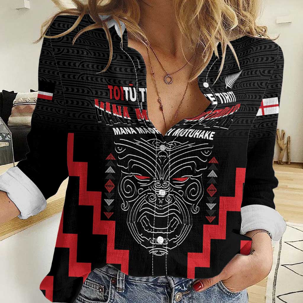 Personalised Toitu Te Tiriti Mana Maori Motuhake Women Casual Shirt Aotearoa Haka Face Mix Poutama Art LT14 Female Black - Polynesian Pride