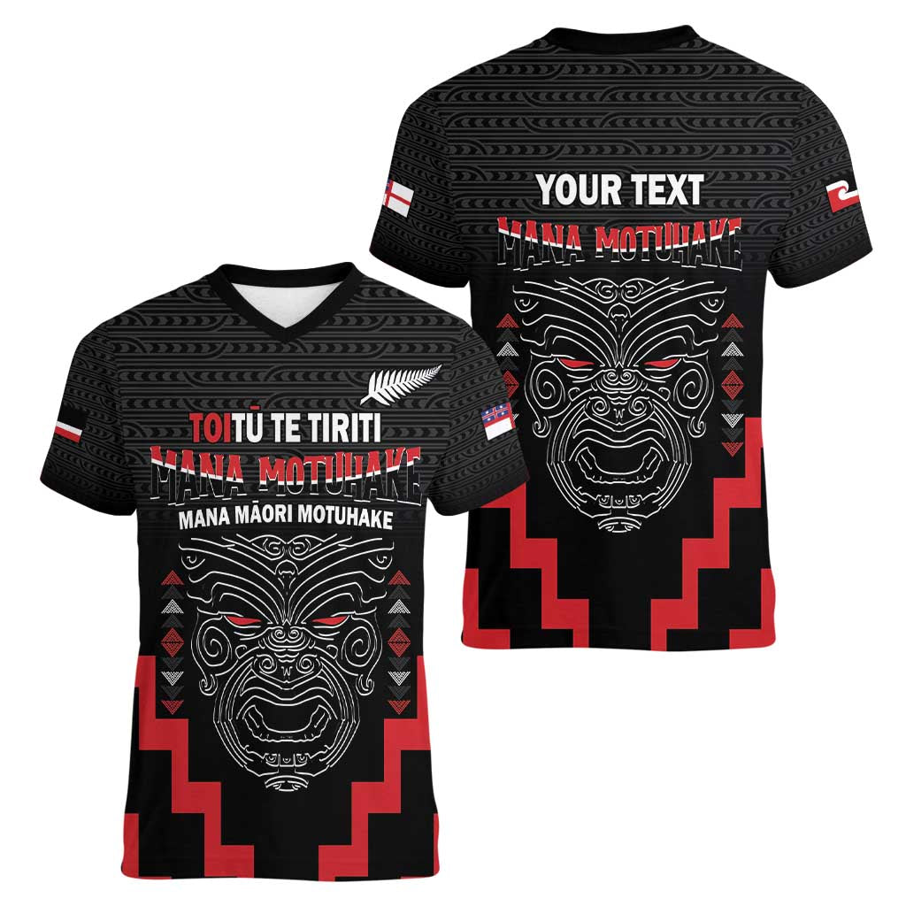 Personalised Toitu Te Tiriti Mana Maori Motuhake Women V-Neck T-Shirt Aotearoa Haka Face Mix Poutama Art LT14 - Polynesian Pride